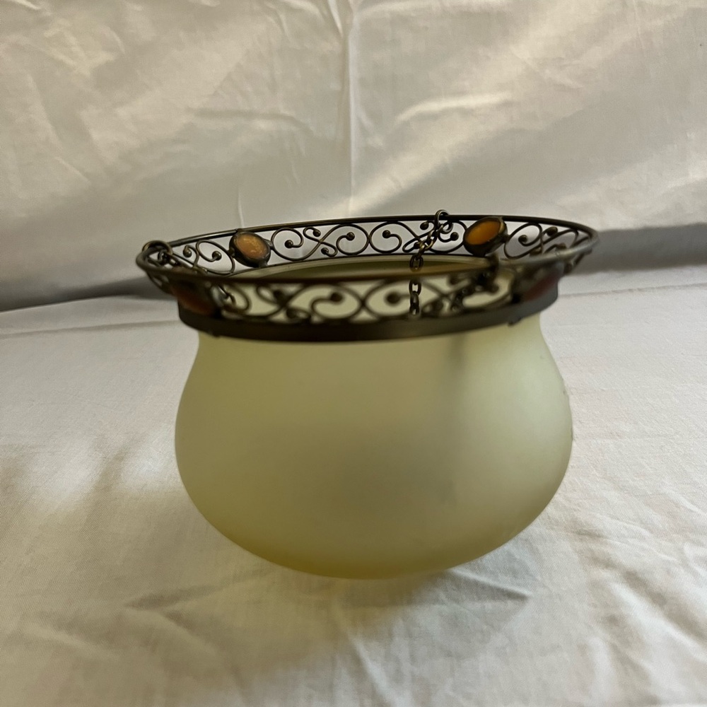 Elegant Cream Glass Vase with Ornate Metal Rim
